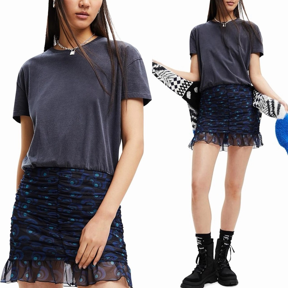 Desigual Sz M Maximalist Botanical Peacock Short Sleeve Casual Mini Ruched Dress